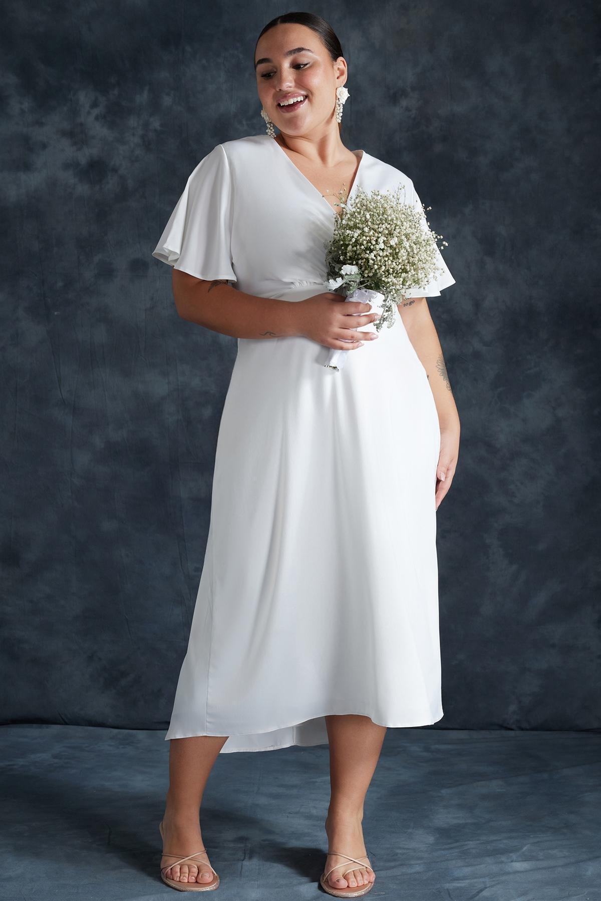 White Satin Double-Breasted Bridal Dress, , large image number 0