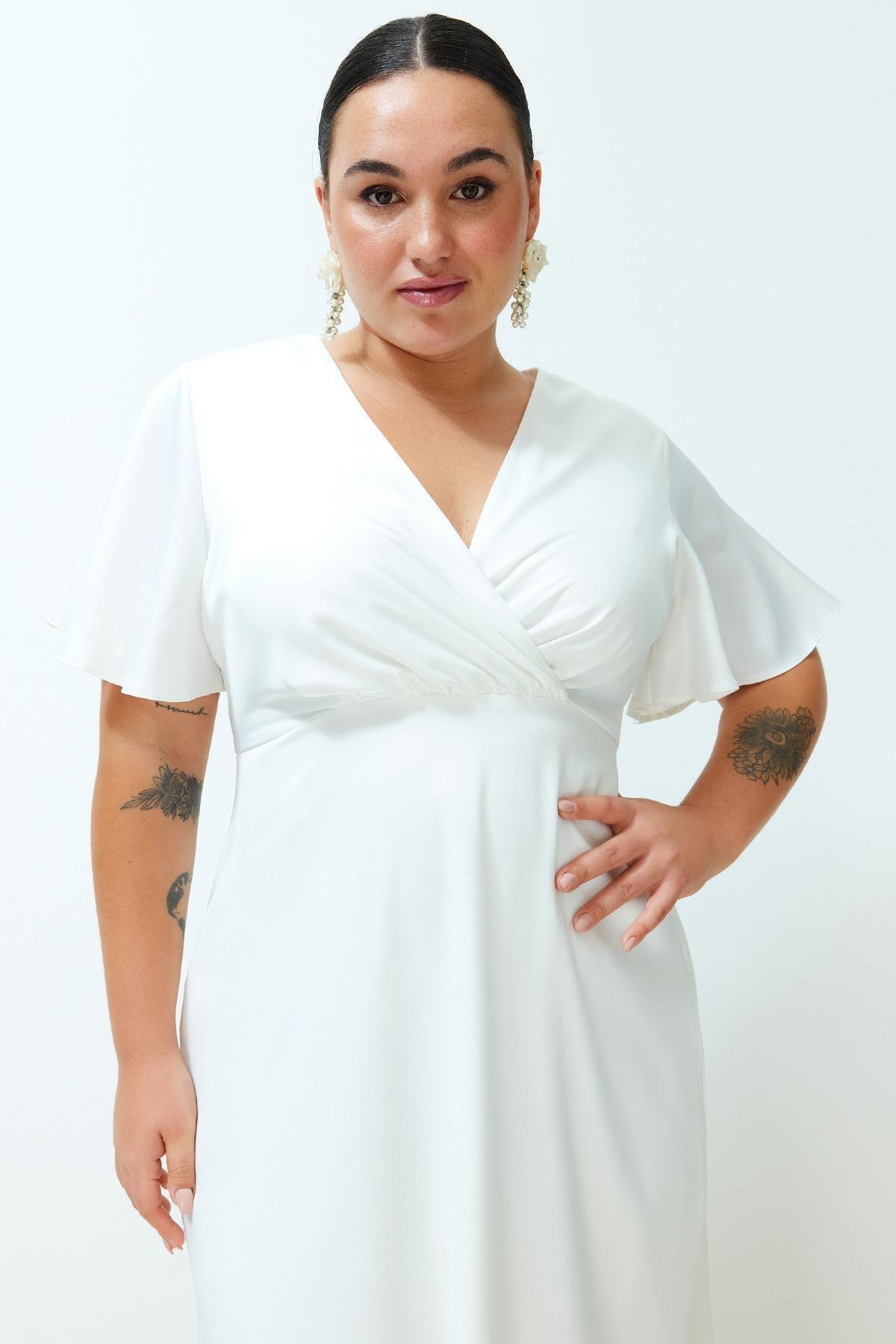 White Satin Double-Breasted Bridal Dress, , large image number 1
