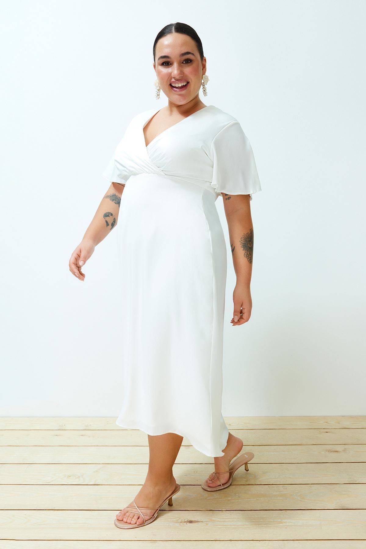 White Satin Double-Breasted Bridal Dress, , large image number 2