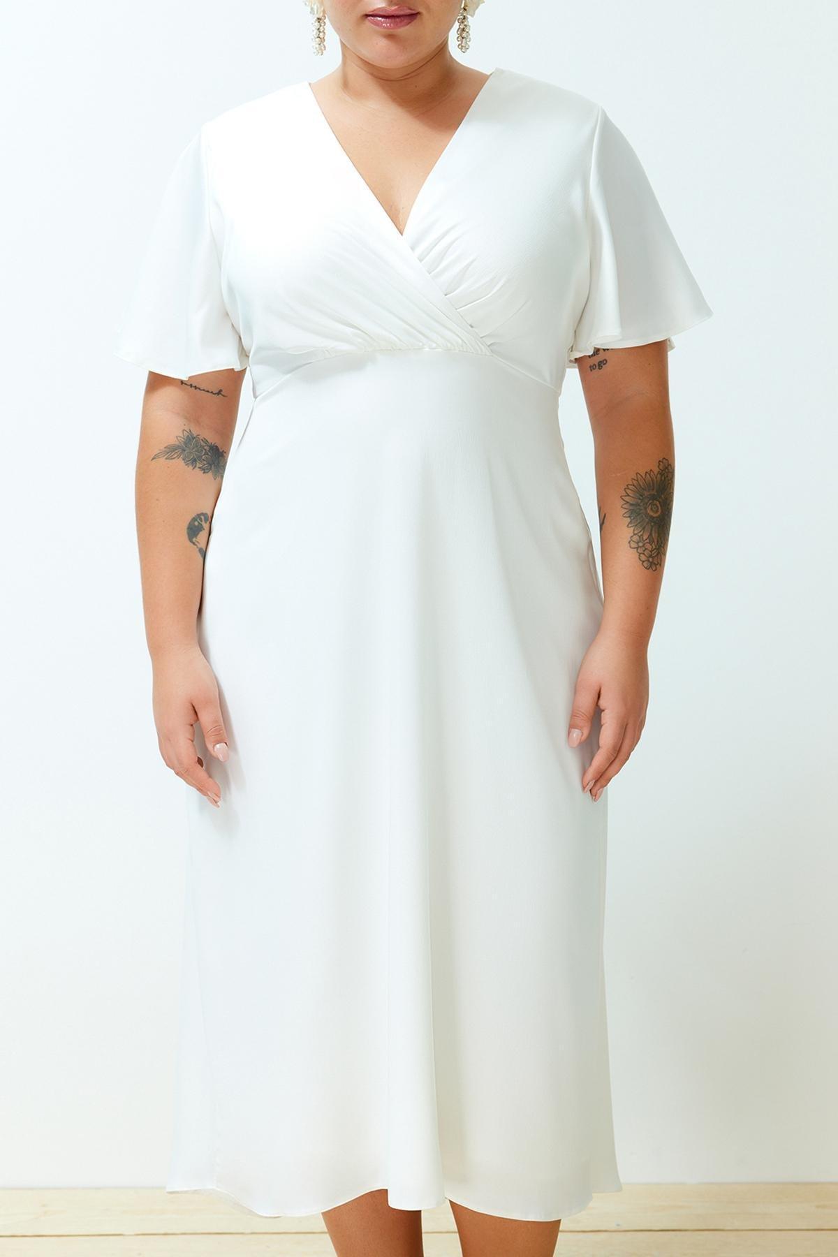 White Satin Double-Breasted Bridal Dress, , large image number 3