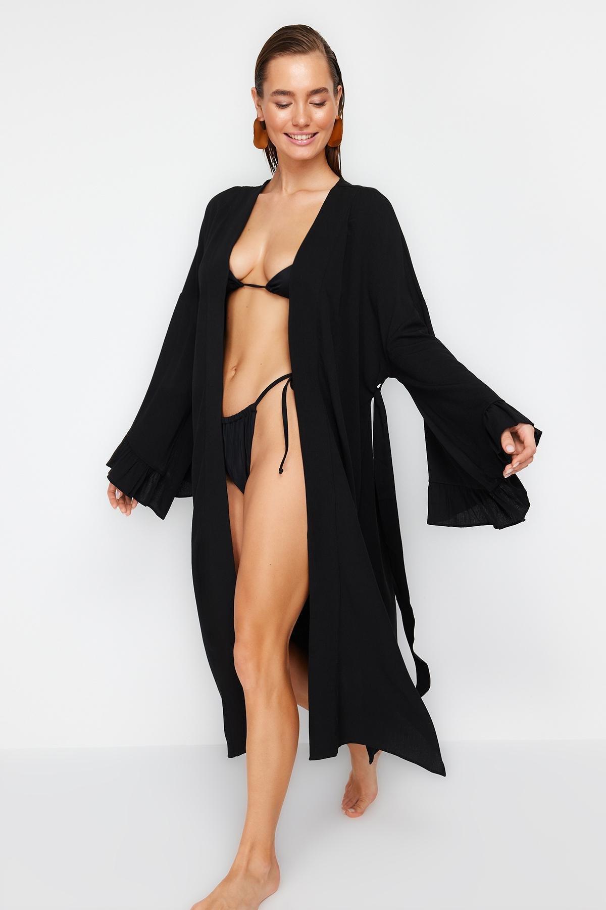 Black Belted Maxi Woven Ruffled Kimono, , large image number 0