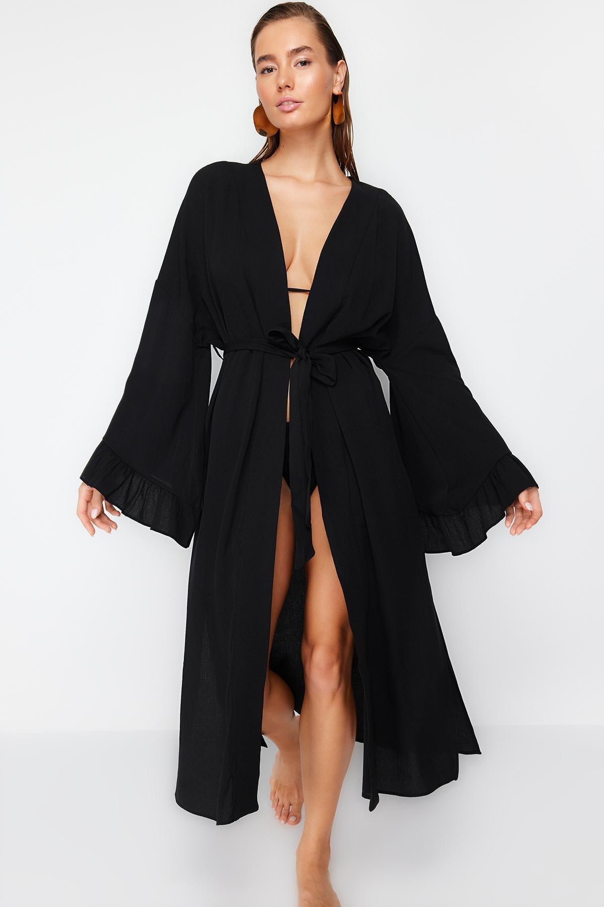 Black Belted Maxi Woven Ruffled Kimono, , large image number 1