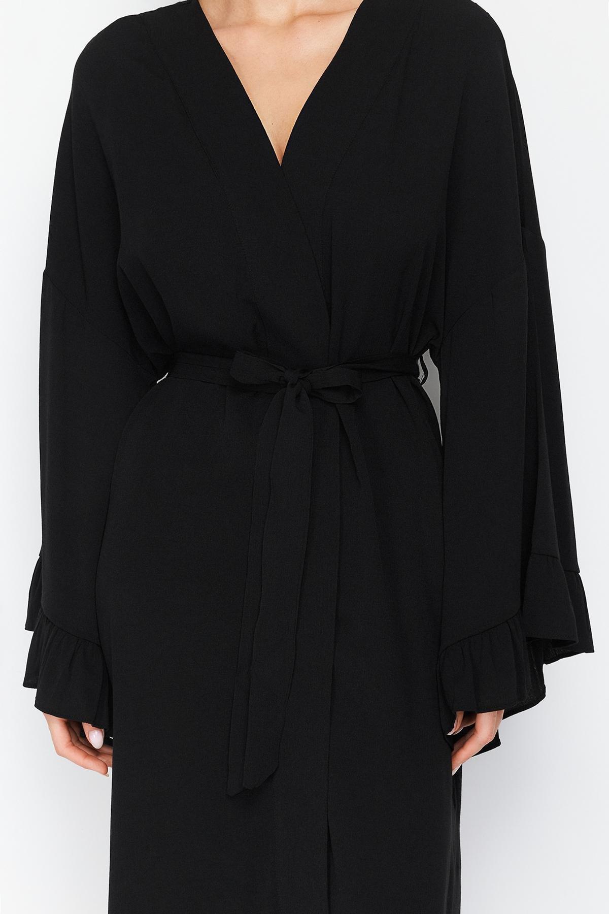 Black Belted Maxi Woven Ruffled Kimono, , large image number 2