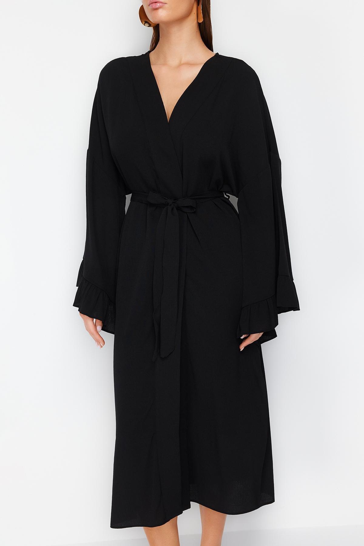 Black Belted Maxi Woven Ruffled Kimono, , large image number 3
