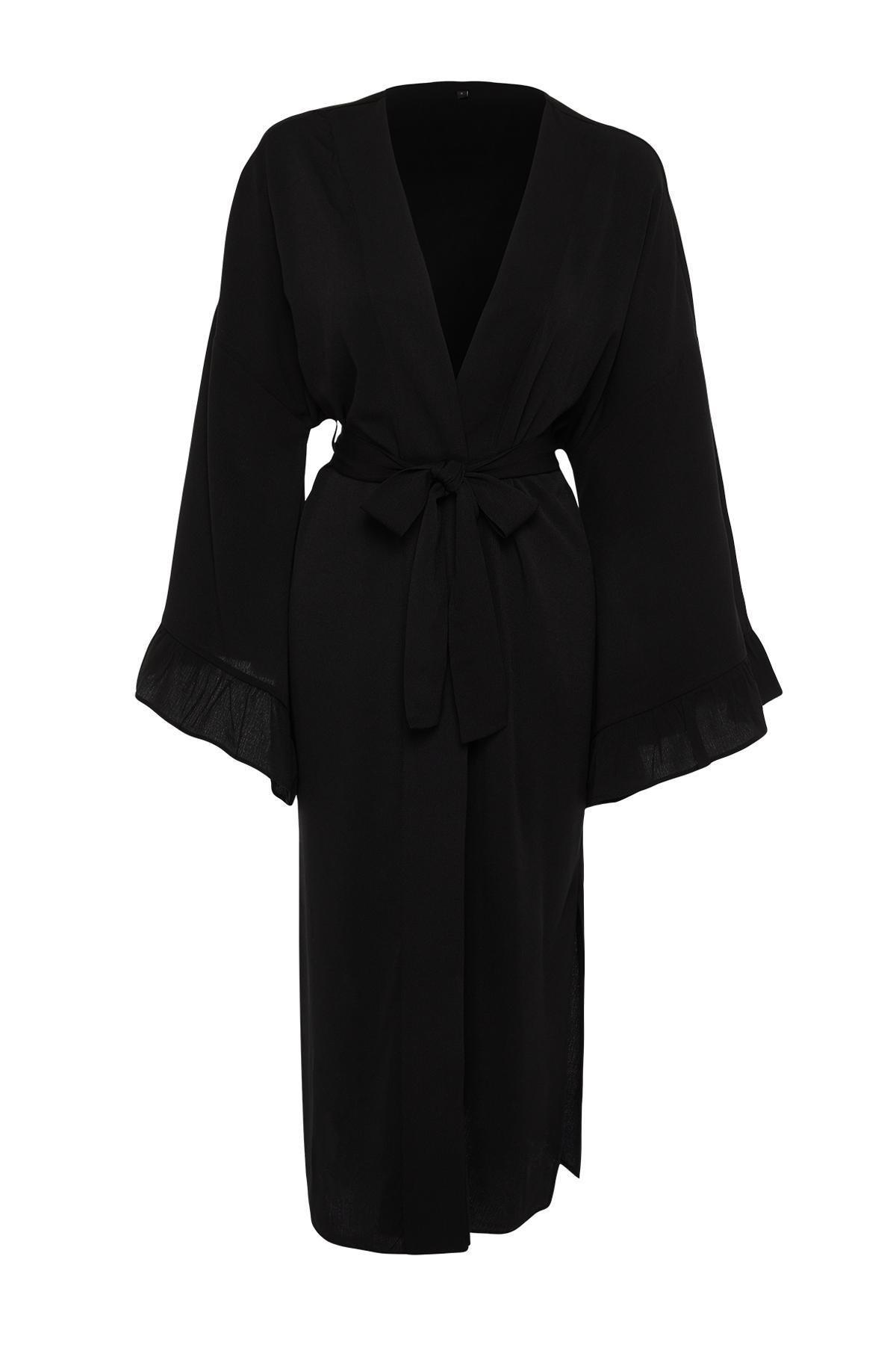 Black Belted Maxi Woven Ruffled Kimono, , large image number 4