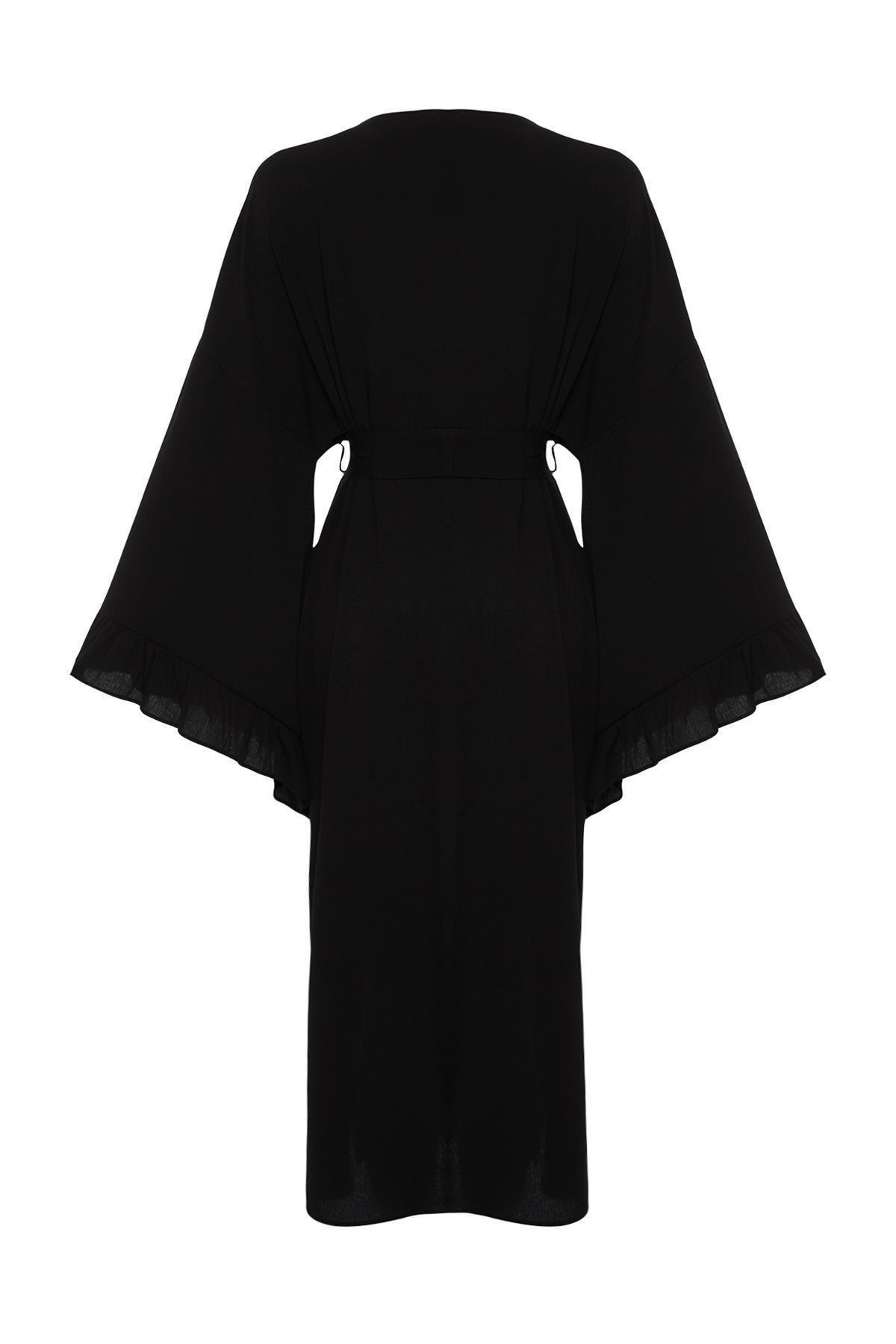 Black Belted Maxi Woven Ruffled Kimono, , large image number 6