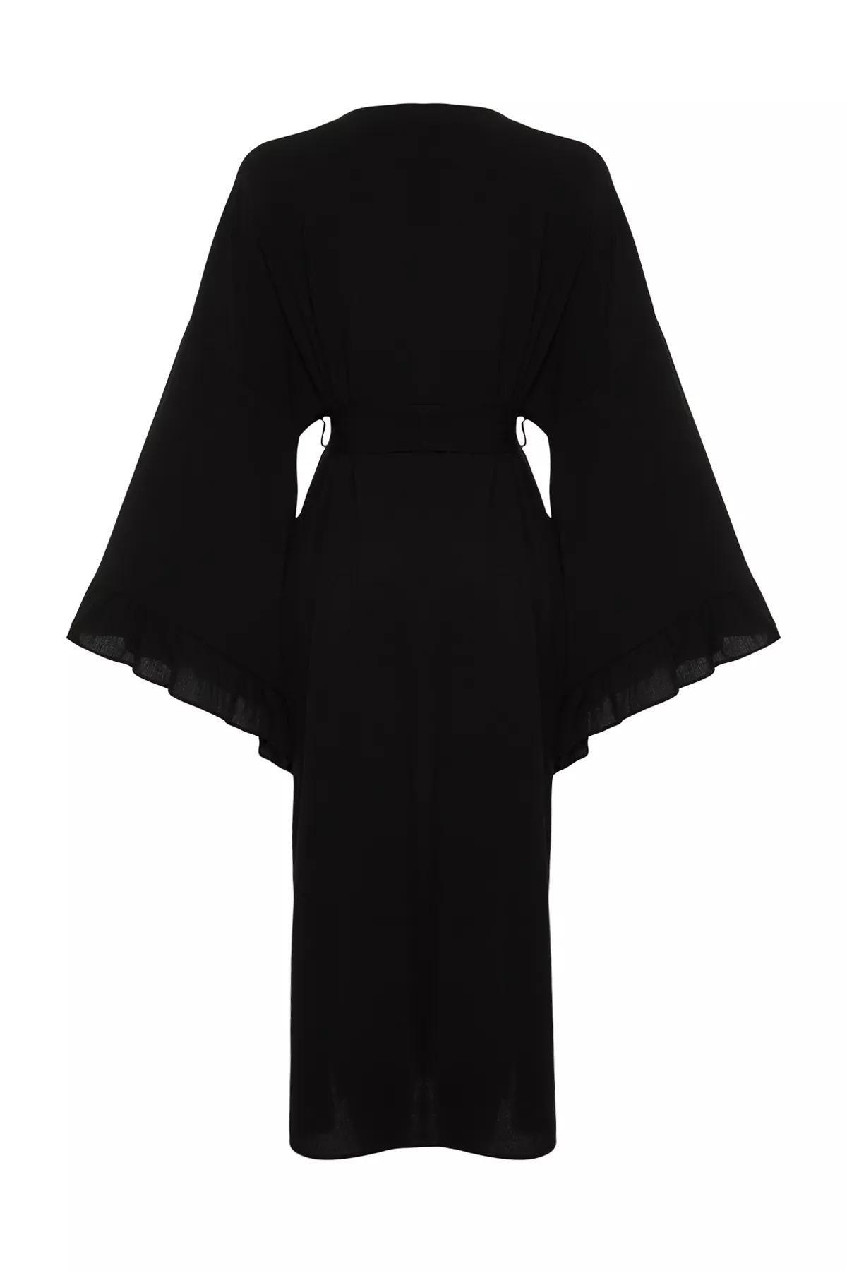 Black Belted Maxi Woven Ruffled Kimono, C101_2094, large image number 7