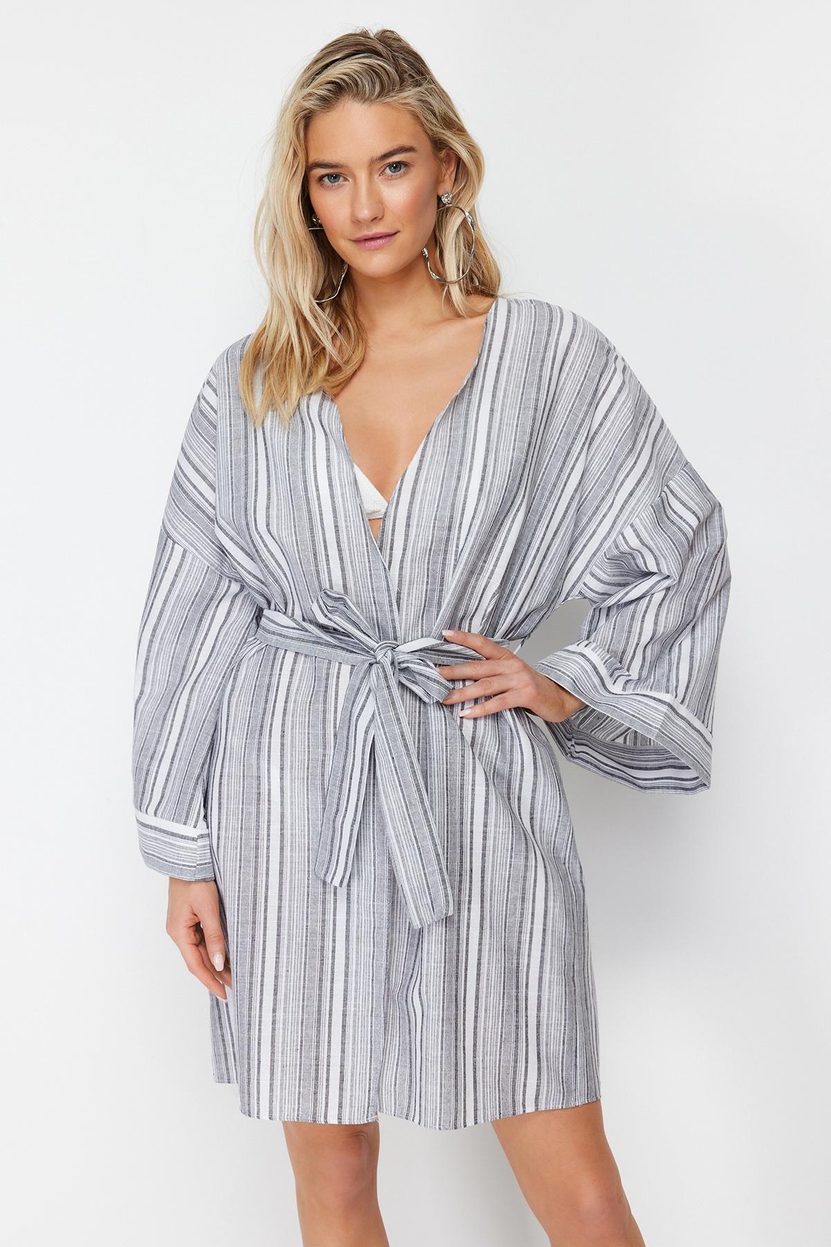 Grey Striped Belted Maxi Woven Cotton Kimono, C101_1704, large image number 2