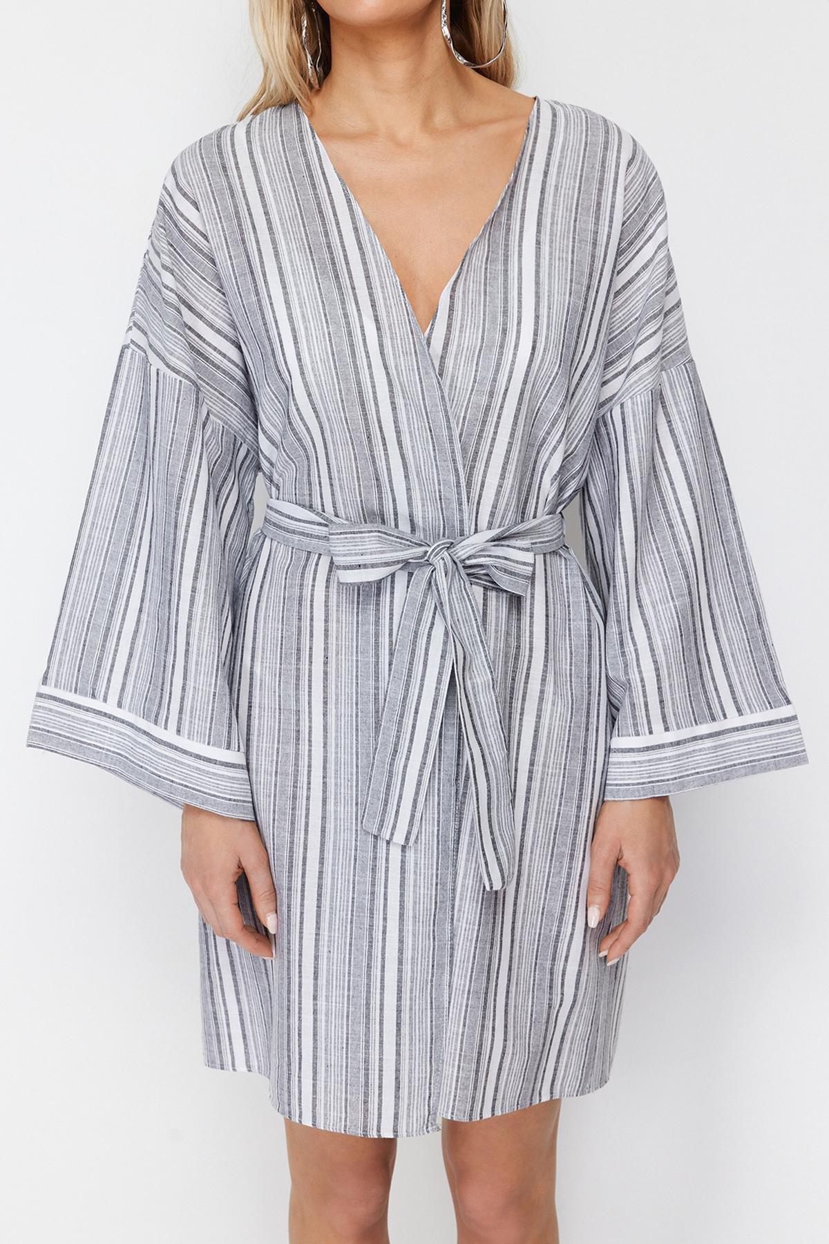 Grey Striped Belted Maxi Woven Cotton Kimono, C101_1704, large image number 3
