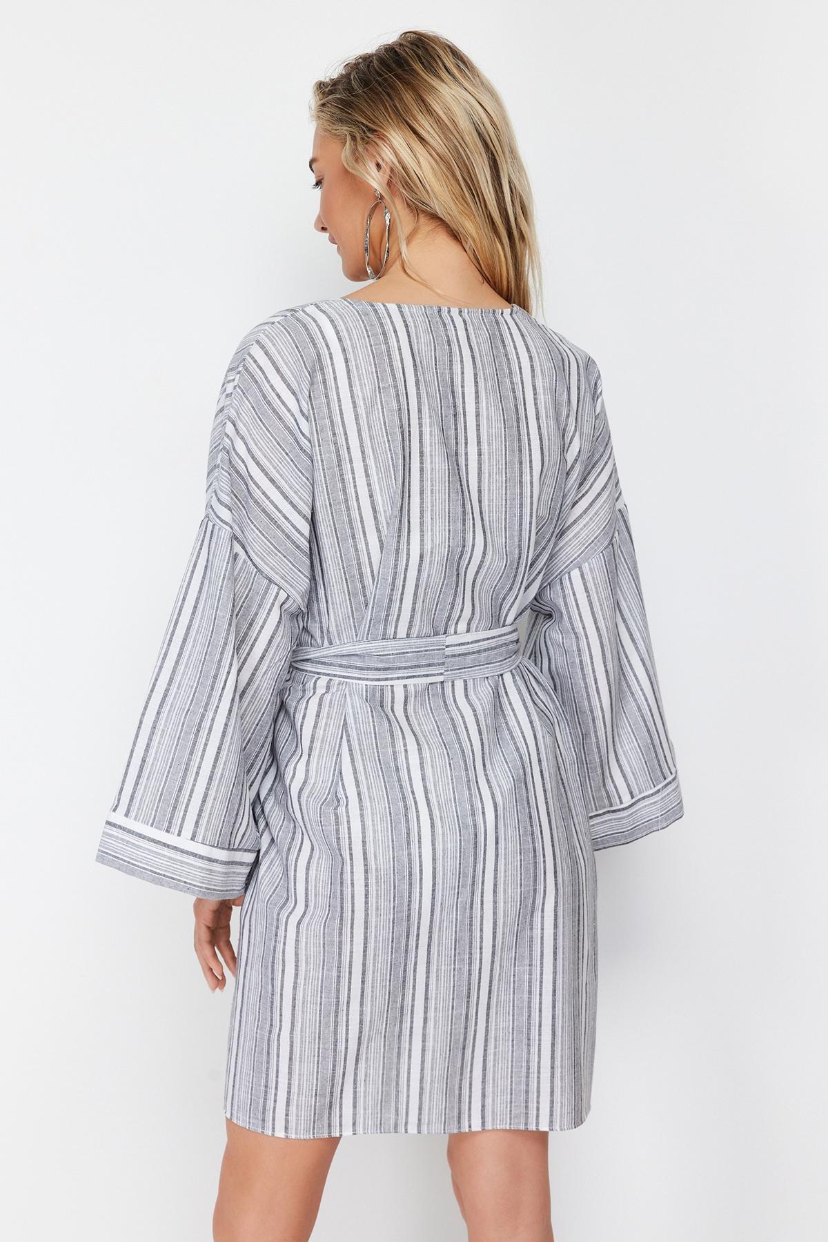 Grey Striped Belted Maxi Woven Cotton Kimono, C101_1704, large image number 4
