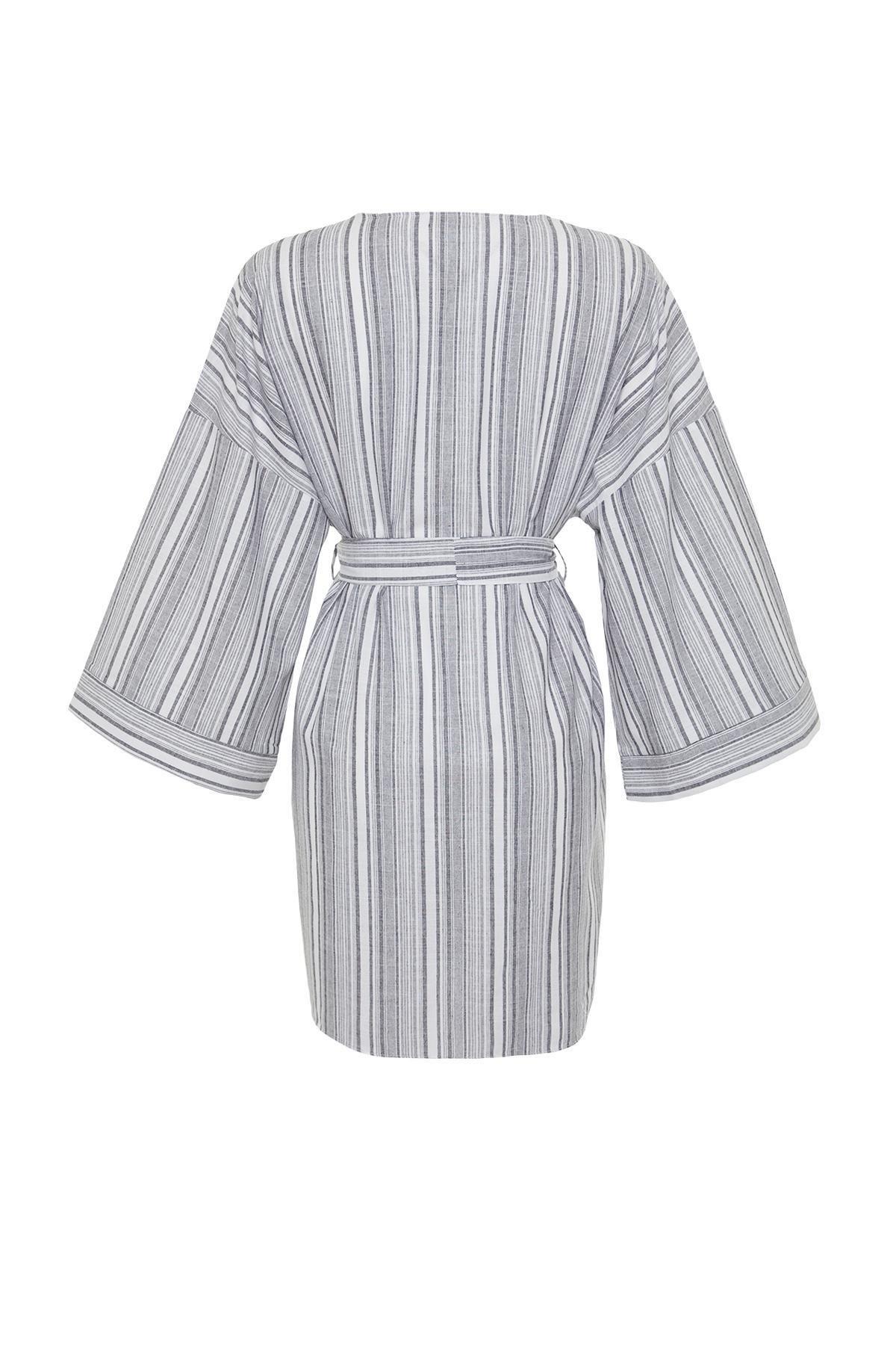 Grey Striped Belted Maxi Woven Cotton Kimono, C101_1704, large image number 6