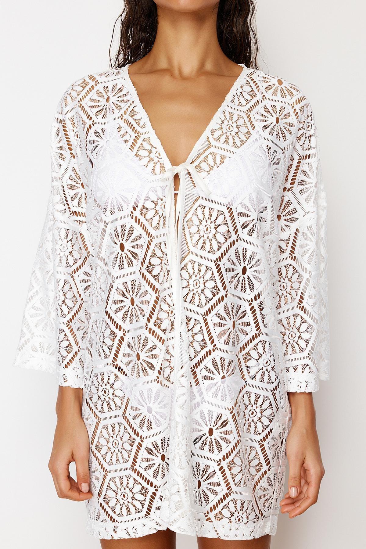 Ecru Mini Knitted Lace Kimono&Kaftan TBESS24KM00034, , large image number 2