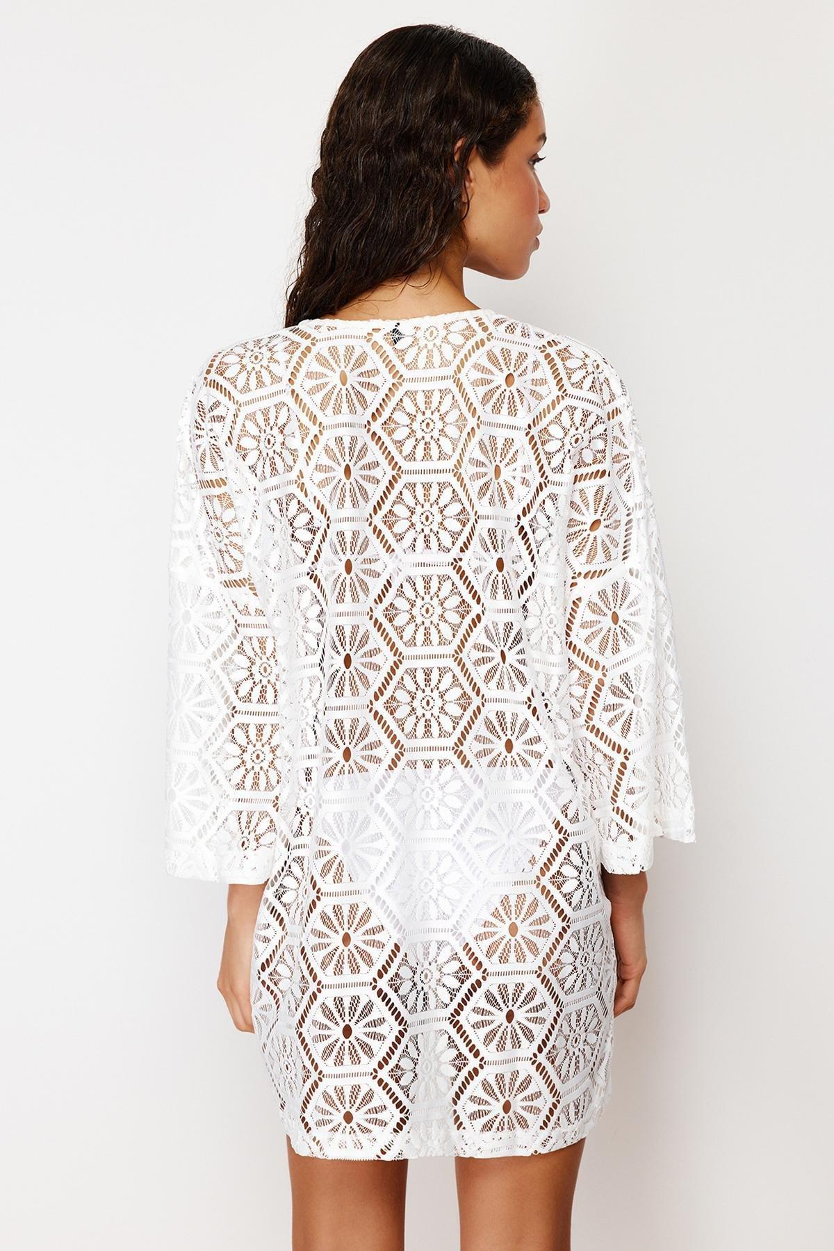 Ecru Mini Knitted Lace Kimono&Kaftan TBESS24KM00034, , large image number 3