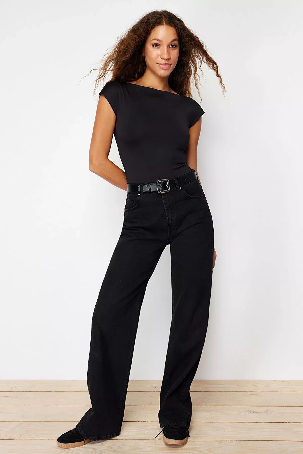 Black Fitted Boat Neck Knitted Bodysuit, , large image number 2