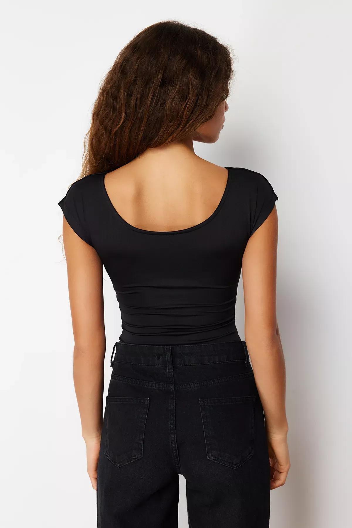 Black Fitted Boat Neck Knitted Bodysuit, , large image number 5