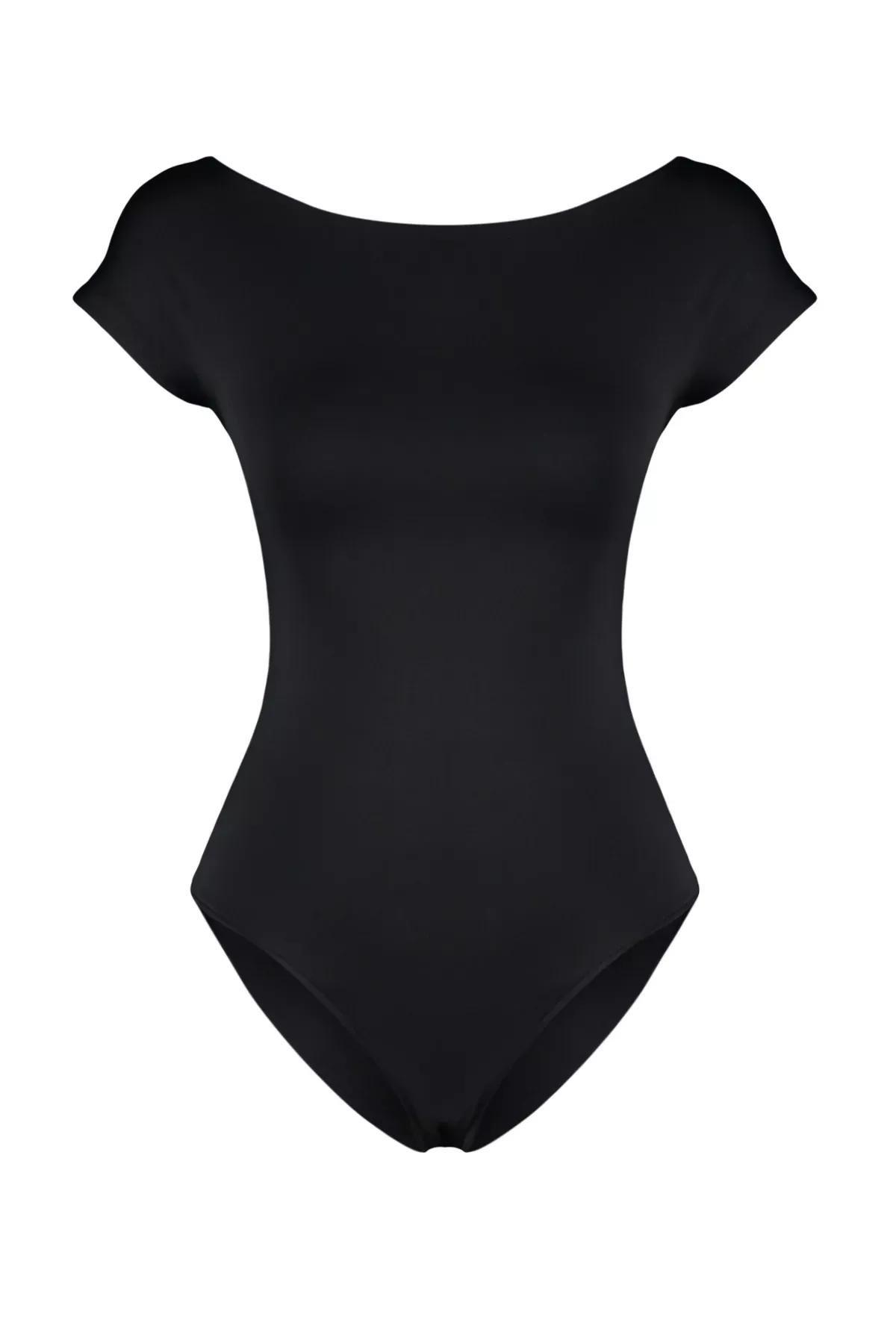 Black Fitted Boat Neck Knitted Bodysuit, , large image number 7