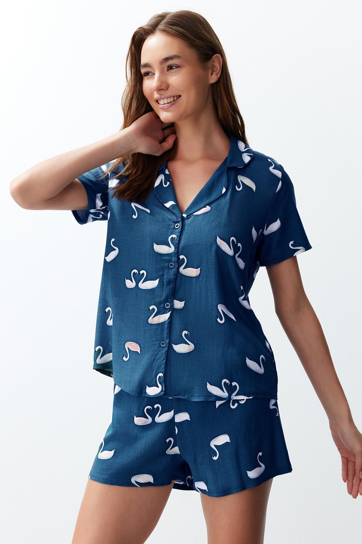 Navy Blue Animal Patterned Viscose Woven Pajama Set THMSS24PT00151, , large image number 1