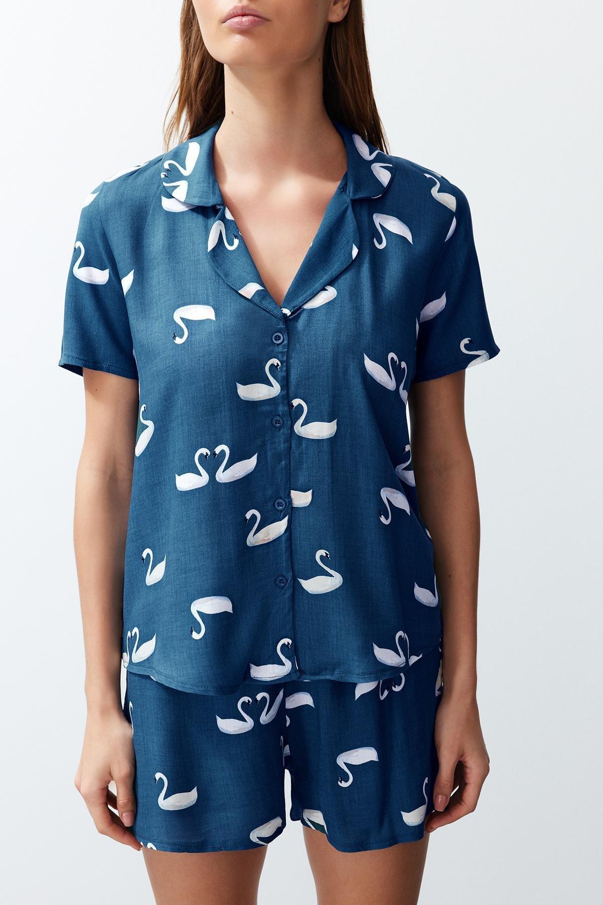 Navy Blue Animal Patterned Viscose Woven Pajama Set THMSS24PT00151, , large image number 3
