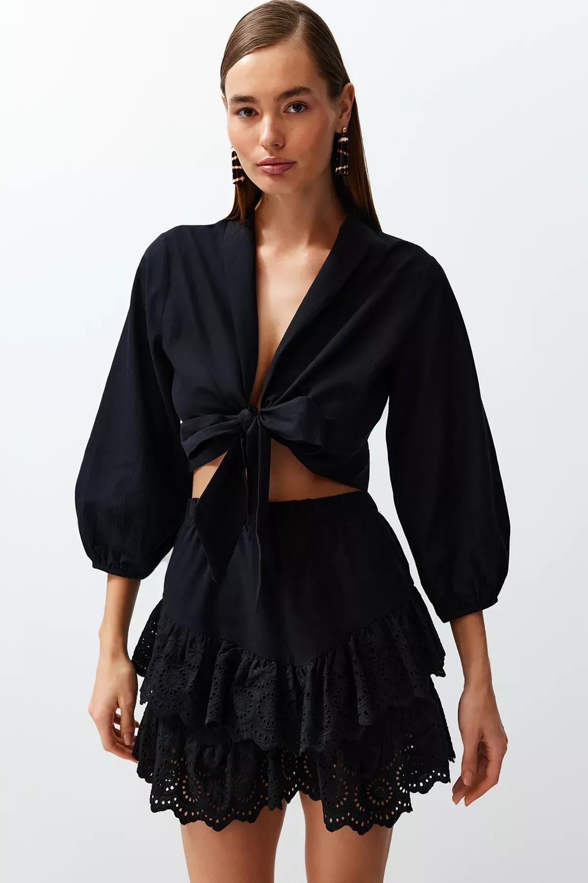 Black Crop Woven Blouse, C101_2094, large image number 1