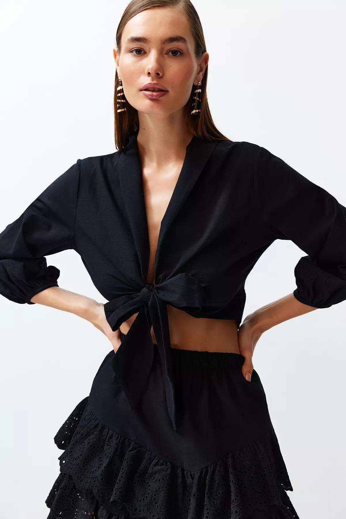 Black Crop Woven Blouse, C101_2094, large image number 2