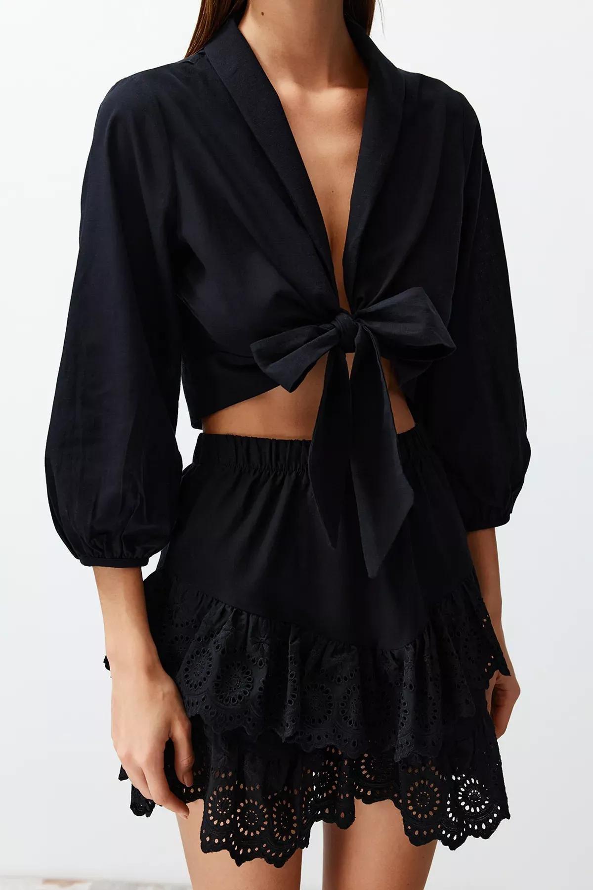 Black Crop Woven Blouse, C101_2094, large image number 4