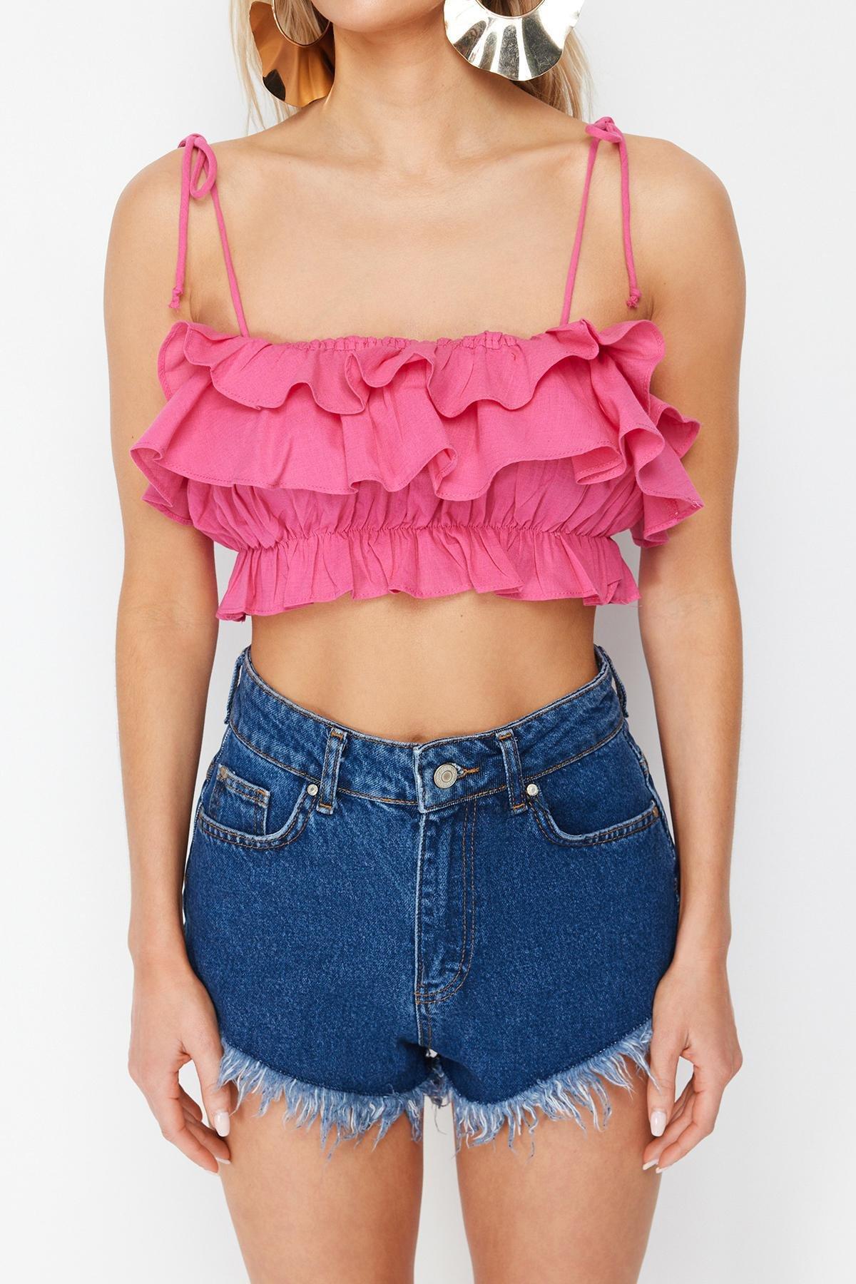 Trendyol - Pink Crop Woven Ruffled Cotton Blouse