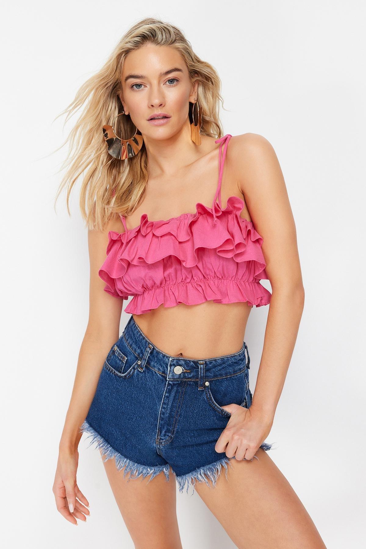 Trendyol - Pink Crop Woven Ruffled Cotton Blouse