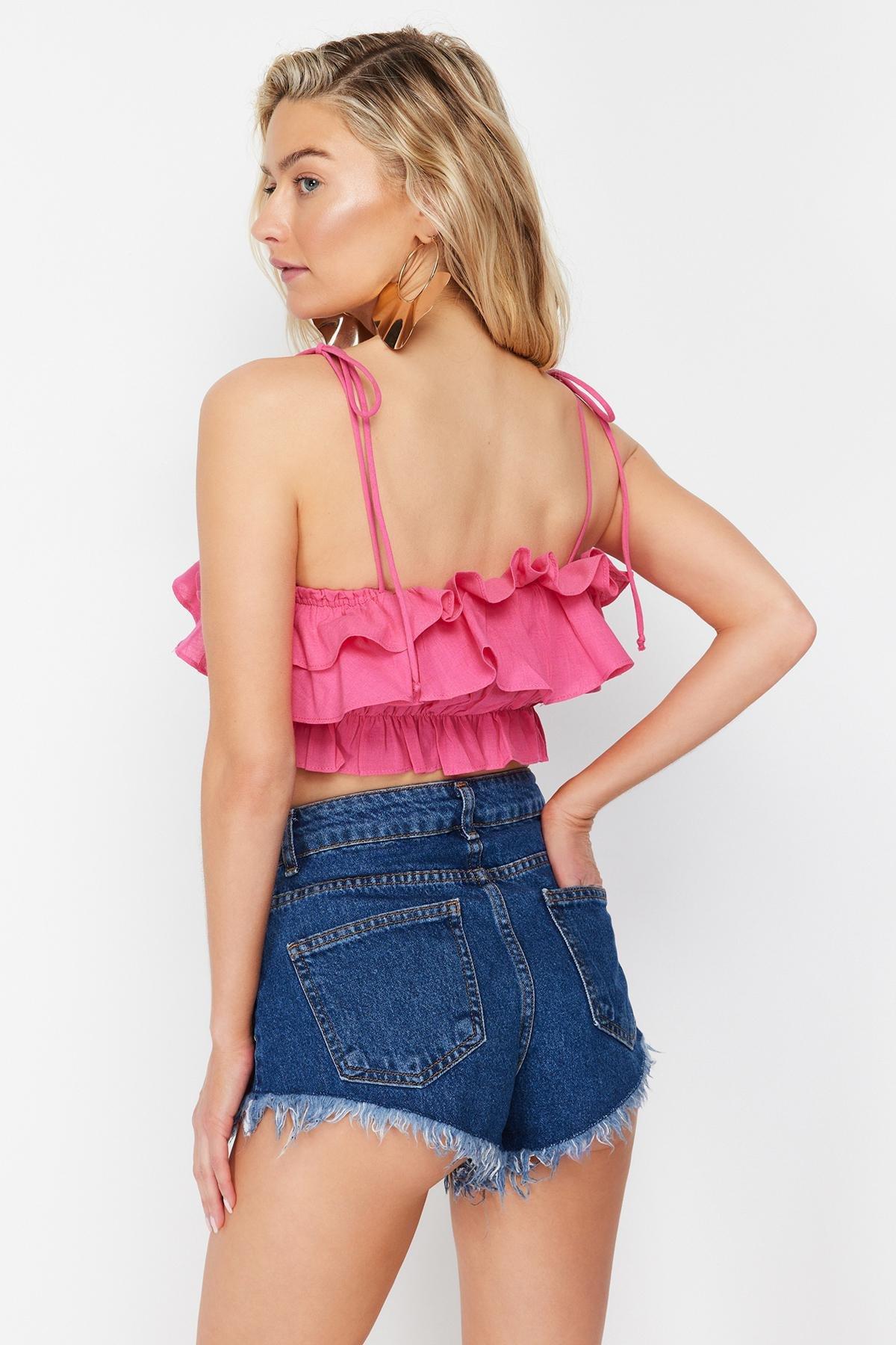 Trendyol - Pink Crop Woven Ruffled Cotton Blouse