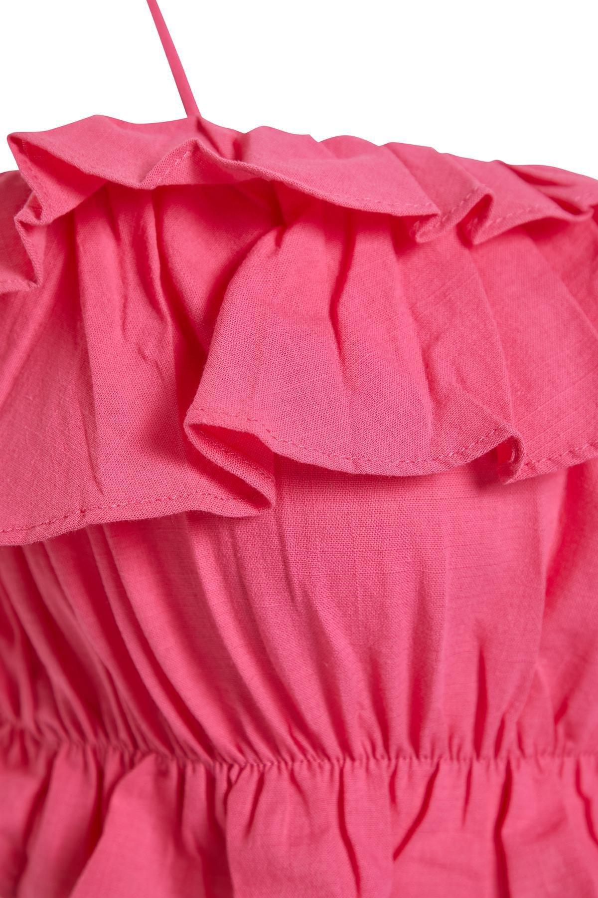 Trendyol - Pink Crop Woven Ruffled Cotton Blouse