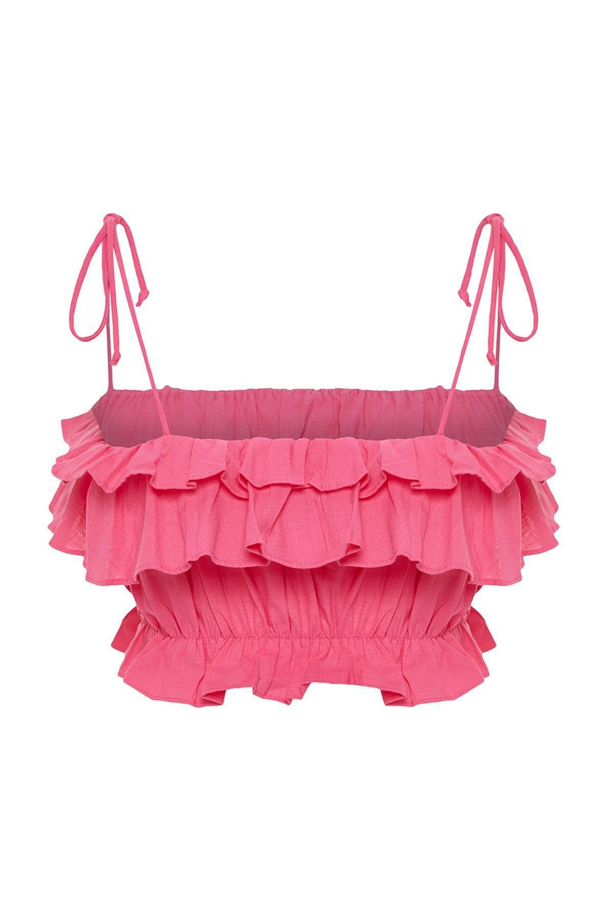 Trendyol - Pink Crop Woven Ruffled Cotton Blouse