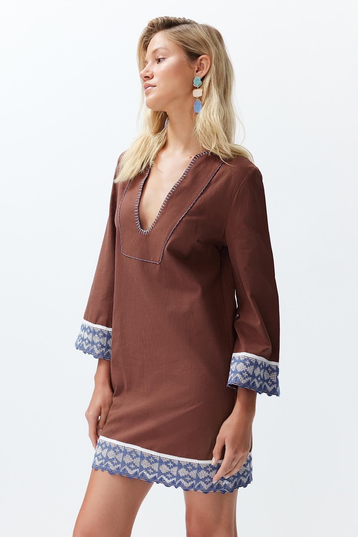 Brown Mini Woven Stripe Accessory 100% Cotton Beach Dress TBESS24EL00094, , large image number 0
