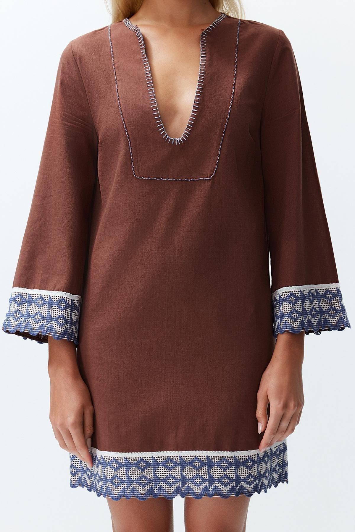 Brown Mini Woven Stripe Accessory 100% Cotton Beach Dress TBESS24EL00094, , large image number 1