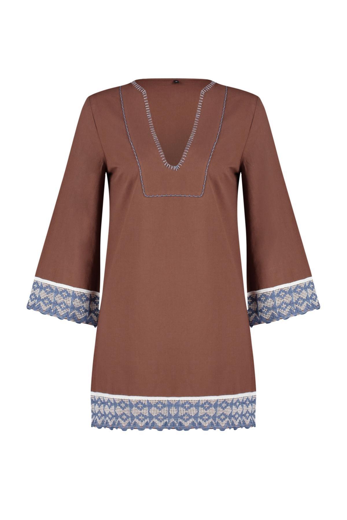 Brown Mini Woven Stripe Accessory 100% Cotton Beach Dress TBESS24EL00094, , large image number 3