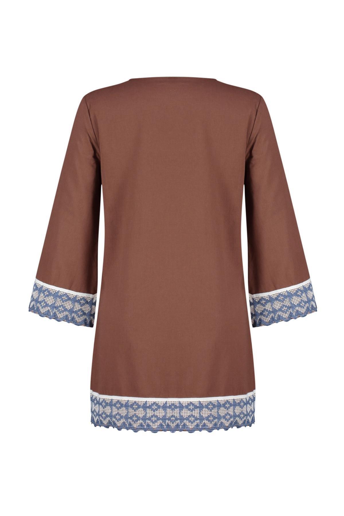 Brown Mini Woven Stripe Accessory 100% Cotton Beach Dress TBESS24EL00094, , large image number 4