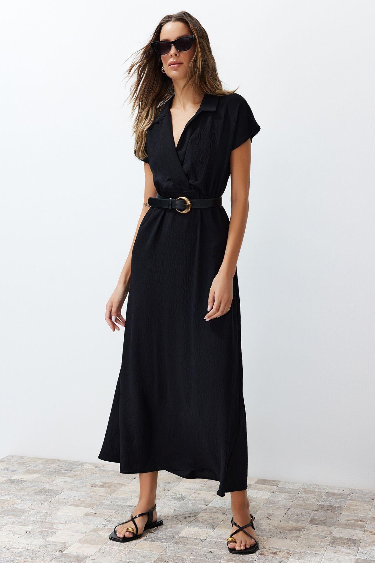 Black A-Line Double-Breasted Aerobin Midi Dress, , large image number 0