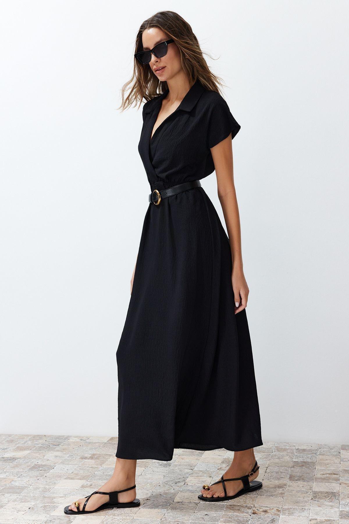 Black A-Line Double-Breasted Aerobin Midi Dress, , large image number 2