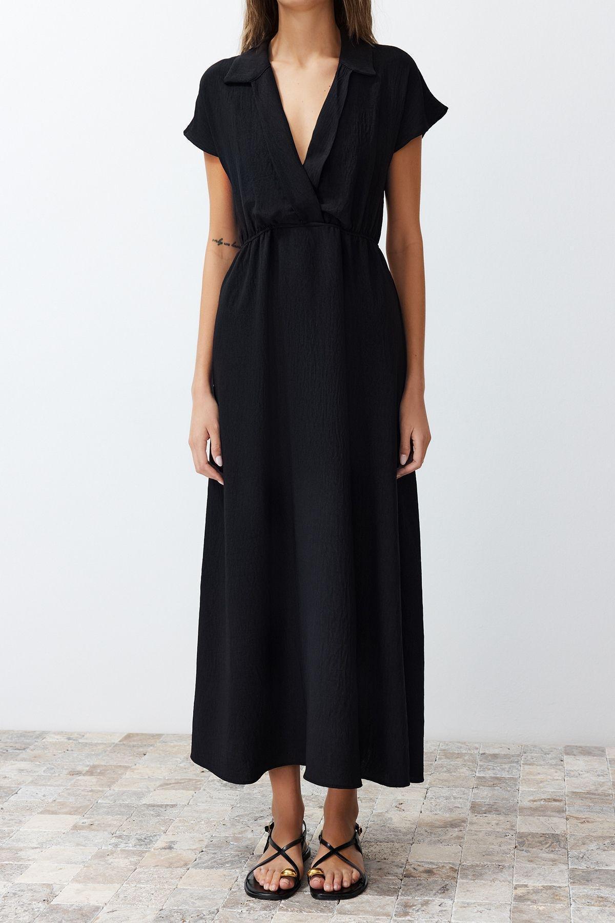 Black A-Line Double-Breasted Aerobin Midi Dress, , large image number 4