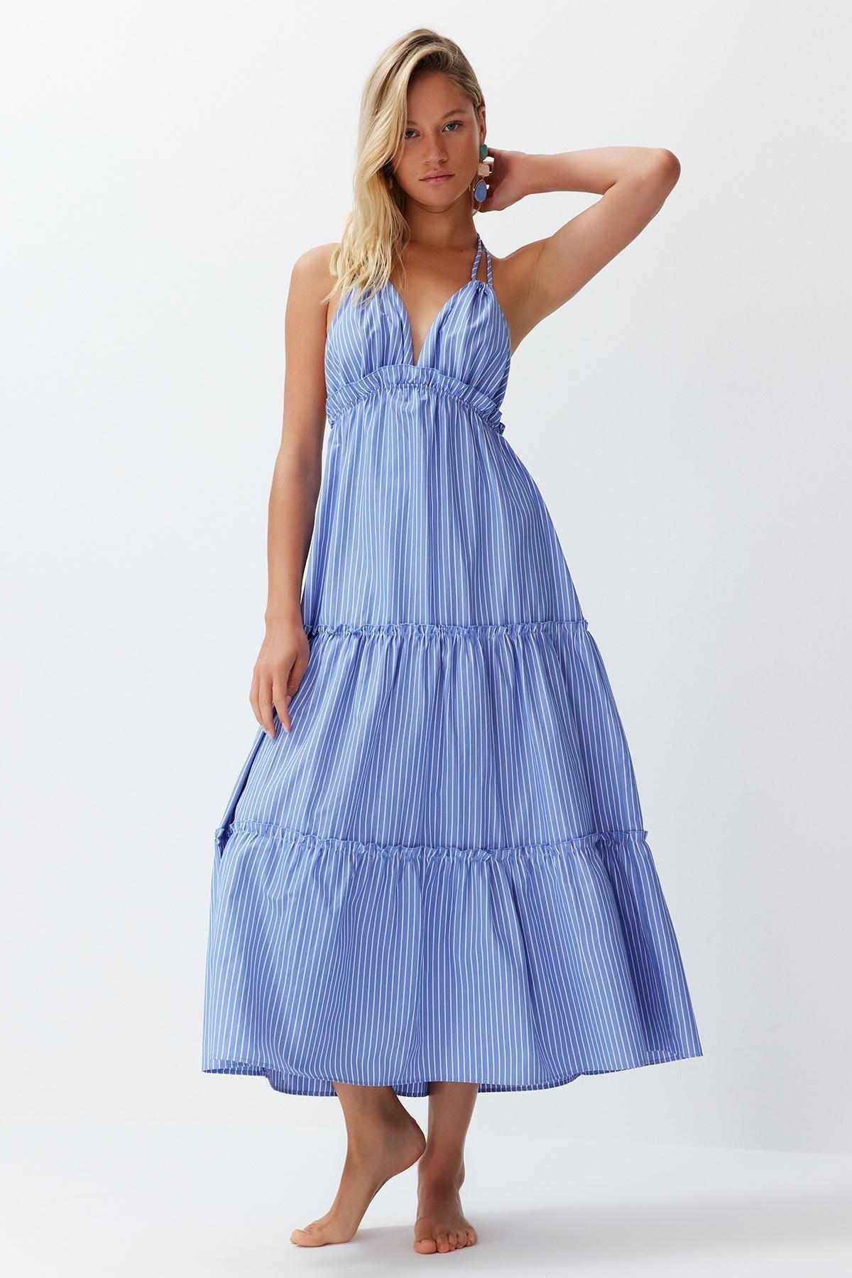 Striped Maxi Woven Ruffle Beach Dress TBESS24EL00091, , large image number 0