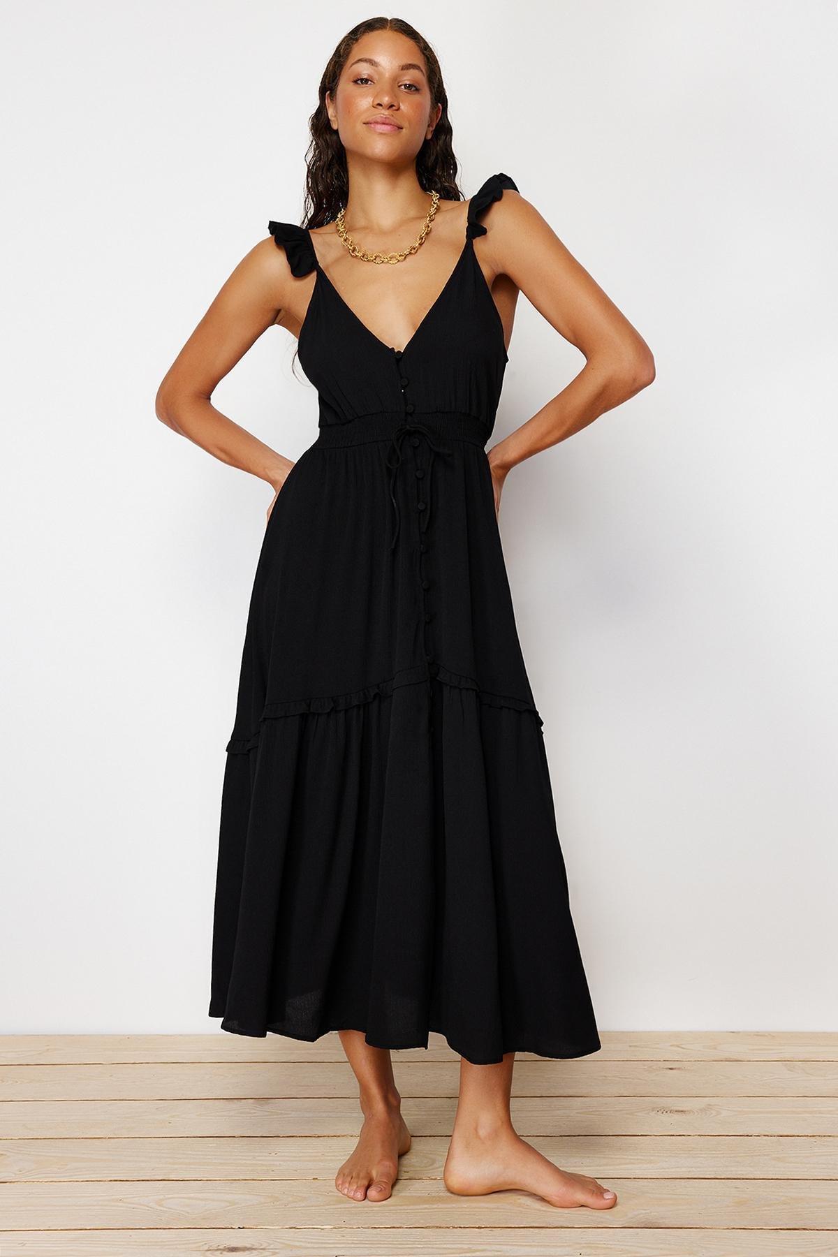 Black Maxi Woven Ruffle Beach Dress TBESS24EL00092, , large image number 0