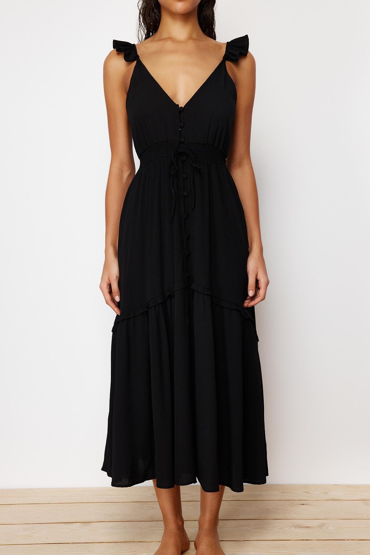 Black Maxi Woven Ruffle Beach Dress TBESS24EL00092, , large image number 2