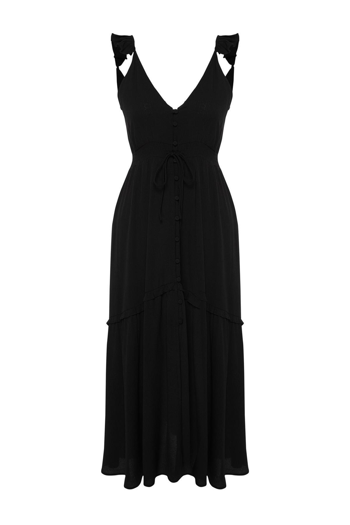 Black Maxi Woven Ruffle Beach Dress TBESS24EL00092, , large image number 4