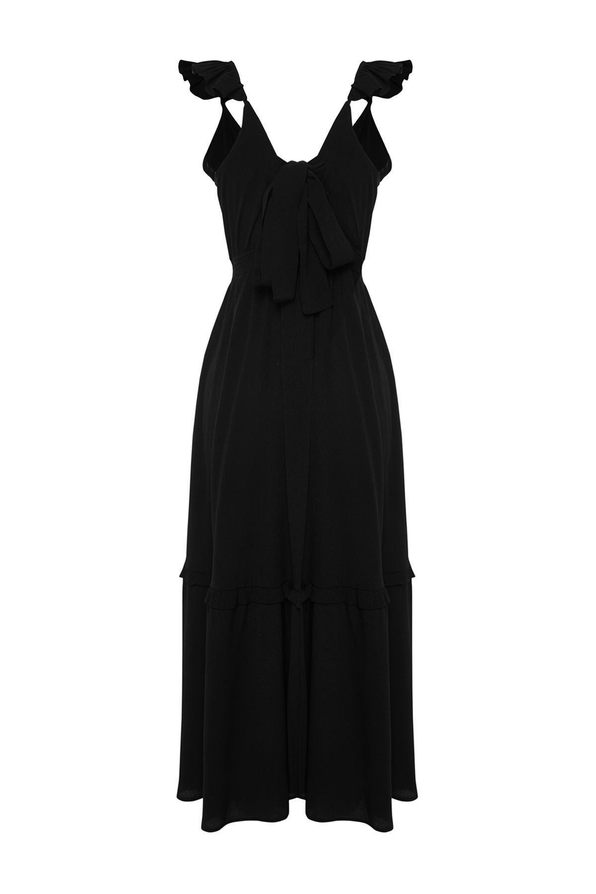 Black Maxi Woven Ruffle Beach Dress TBESS24EL00092, , large image number 6