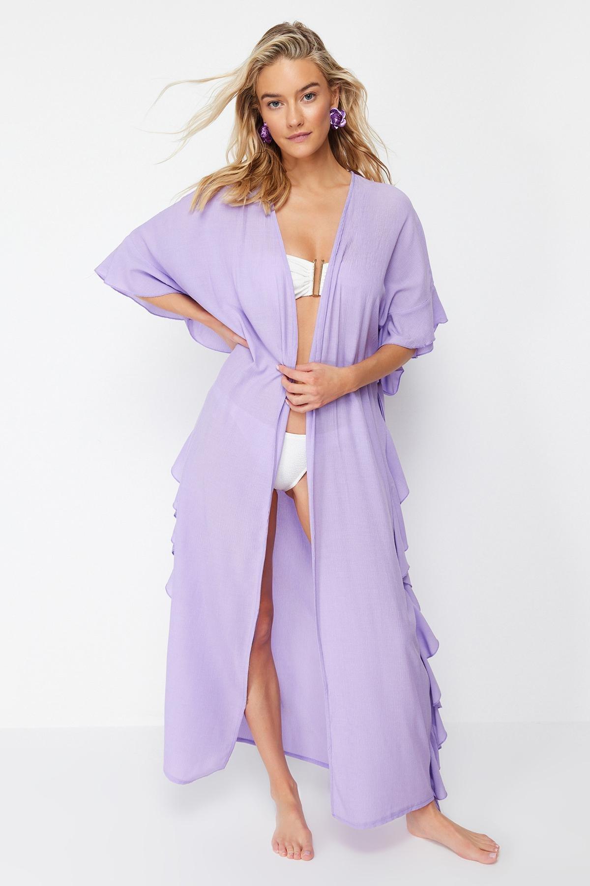 Purple Belted Maxi Woven Frilly Kimono, , large image number 0