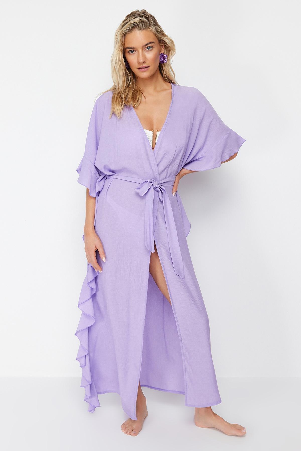 Purple Belted Maxi Woven Frilly Kimono, , large image number 2