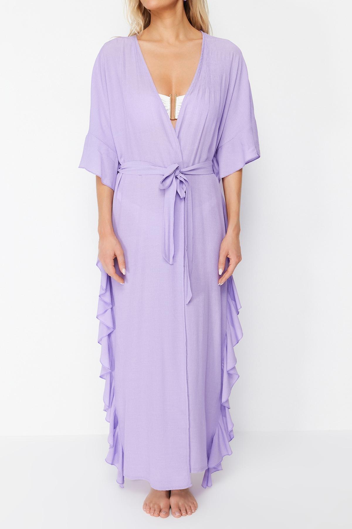 Purple Belted Maxi Woven Frilly Kimono, , large image number 3