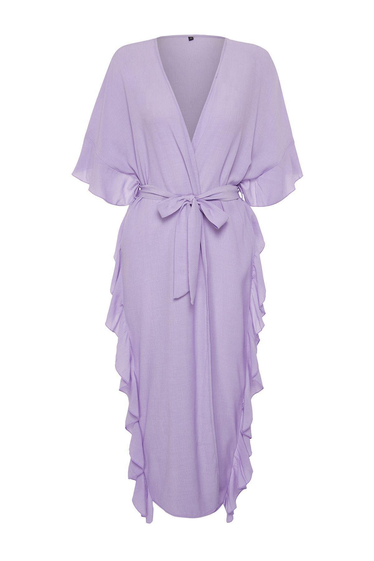 Purple Belted Maxi Woven Frilly Kimono, , large image number 4