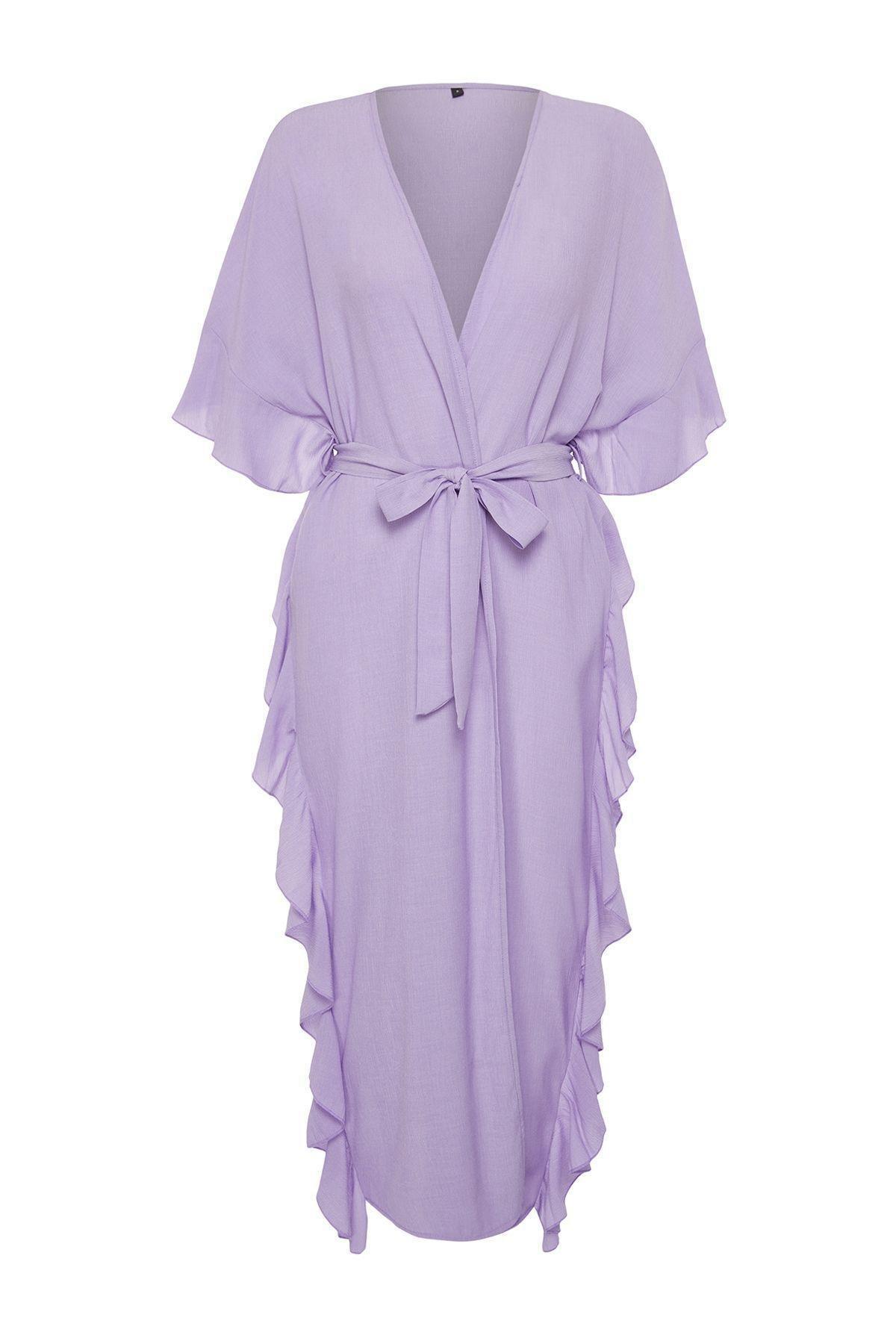 Trendyol - Purple Belted Maxi Woven Frilly Kimono