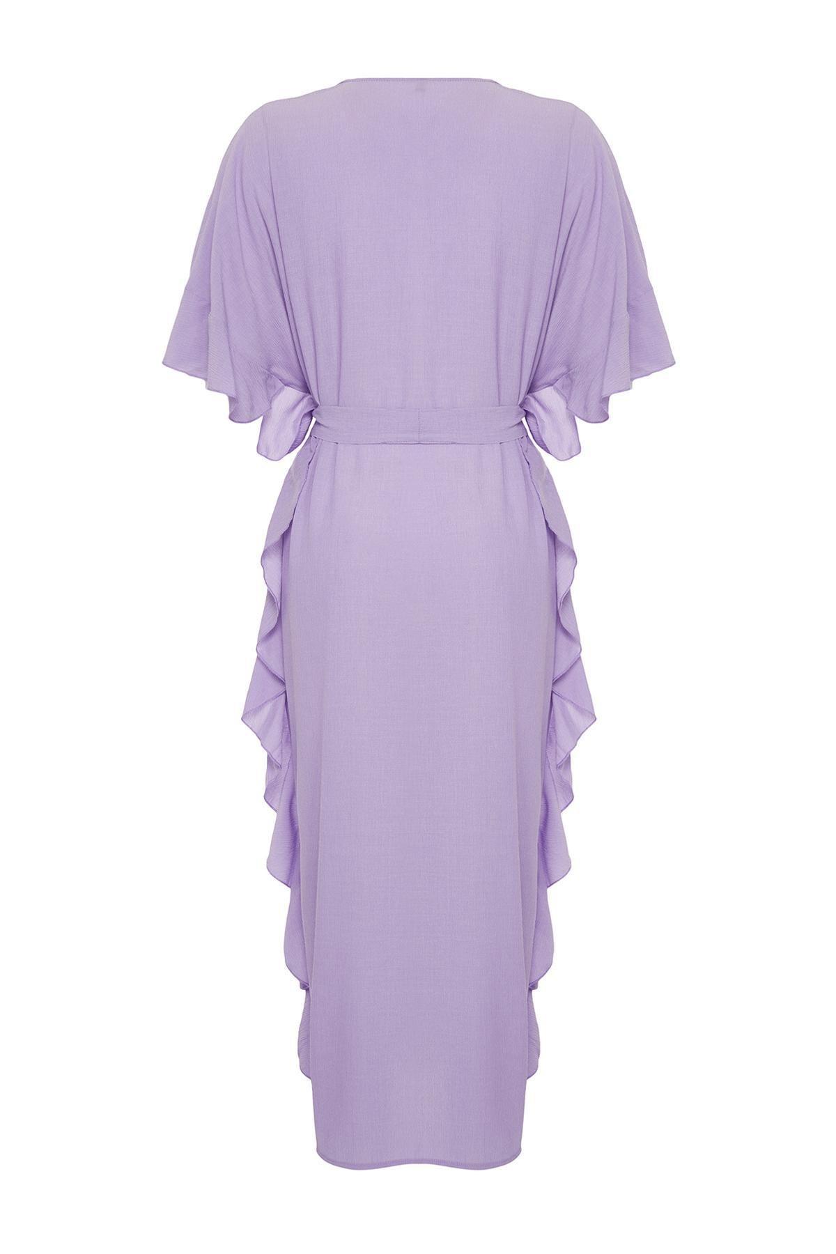 Purple Belted Maxi Woven Frilly Kimono, , large image number 5