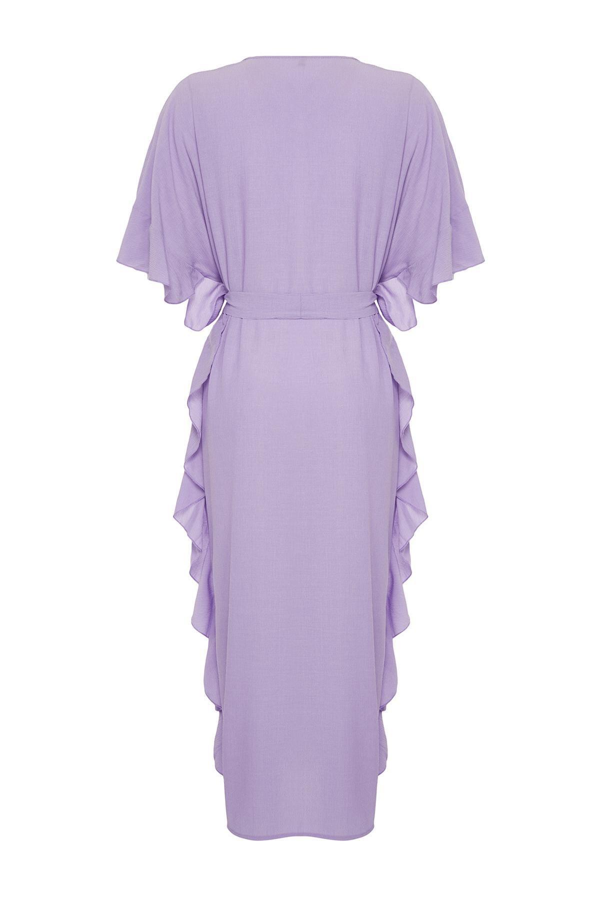 Trendyol - Purple Belted Maxi Woven Frilly Kimono