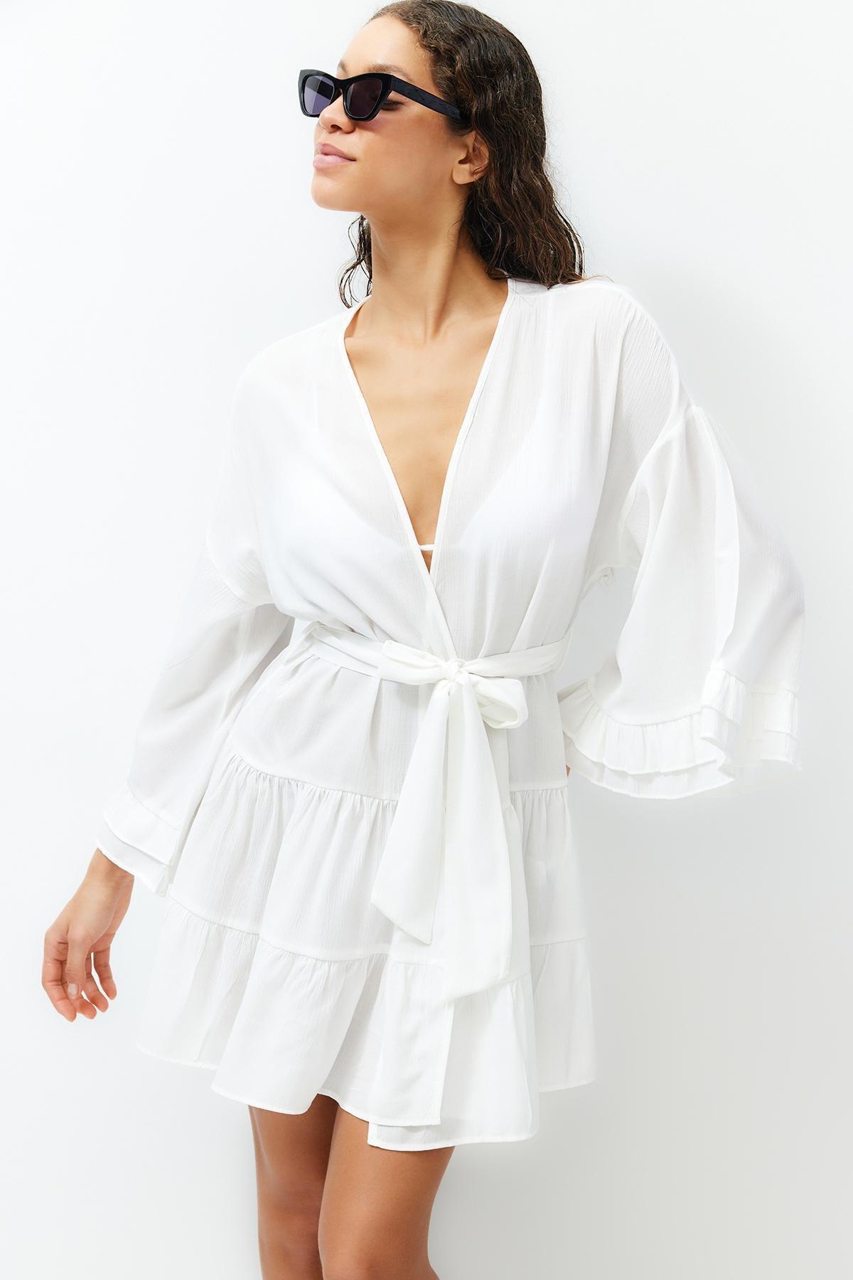 White Belted Mini Woven Ruffle Kimono & Kaftan TBESS24KM00032, , large image number 2